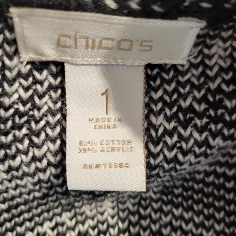 Chico's Black & White Diamond Plaid Fringe Sweater Jacket